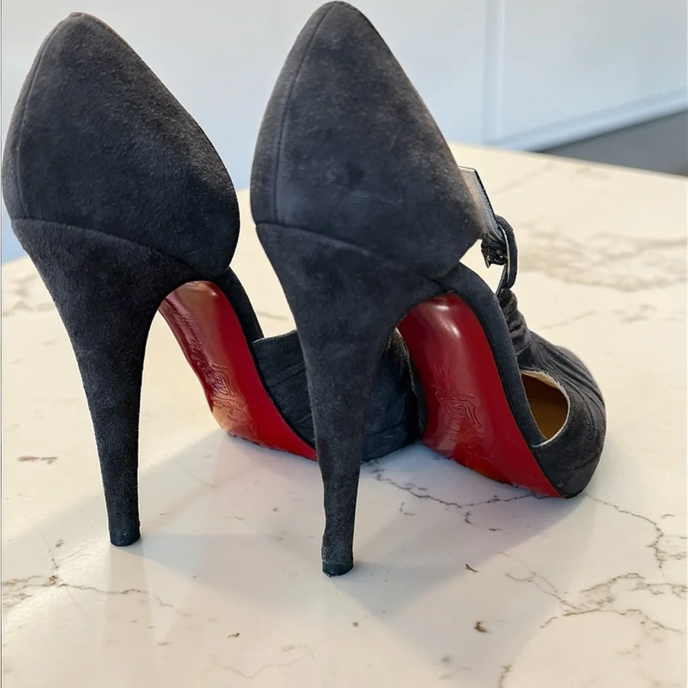 Christian Louboutin Black Suede Ruched T-Strap Pumps